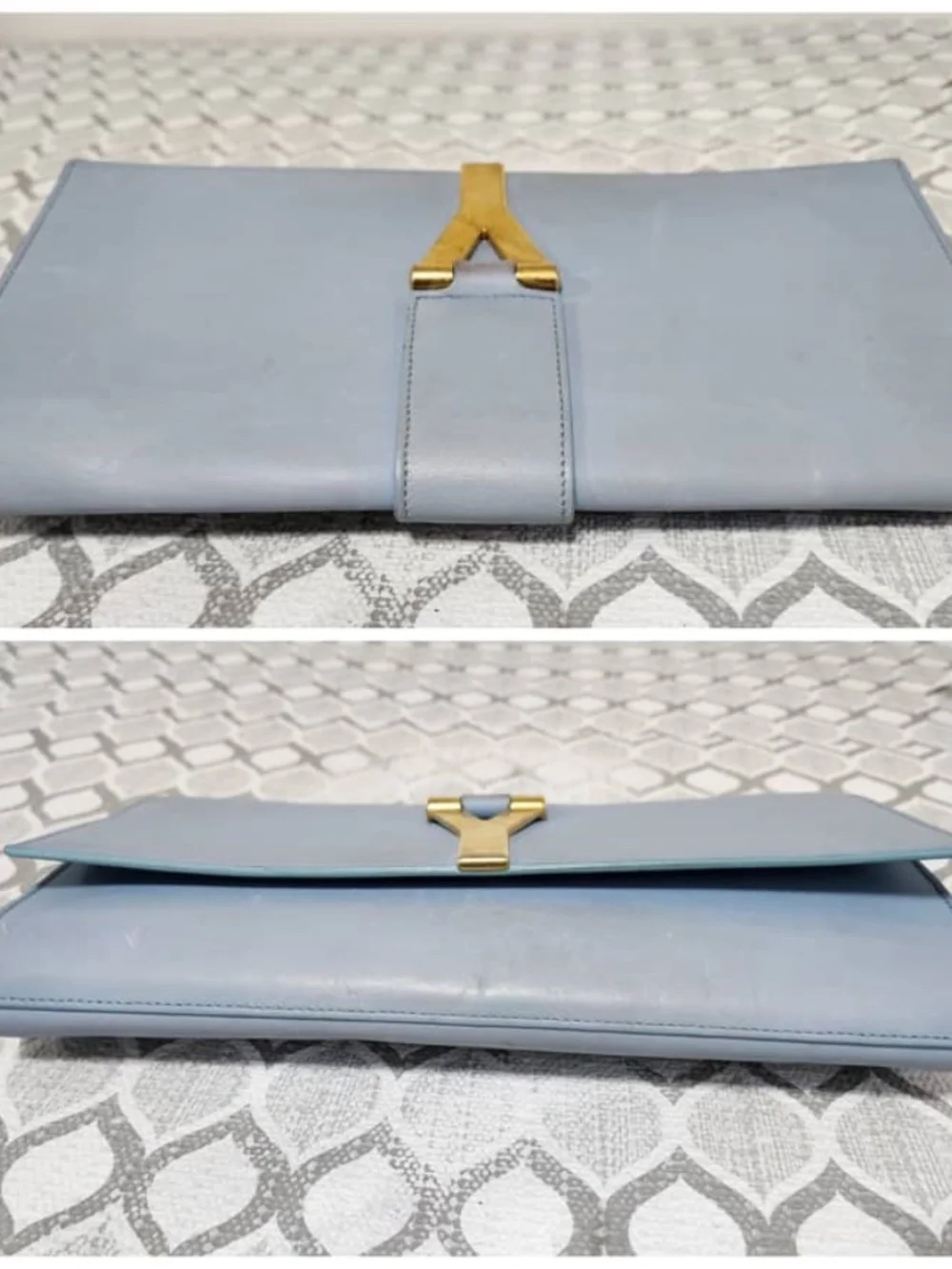 Authentic YVES SAINT LAURENT Calfskin Leather Ligne Y Clutch Bag Blue